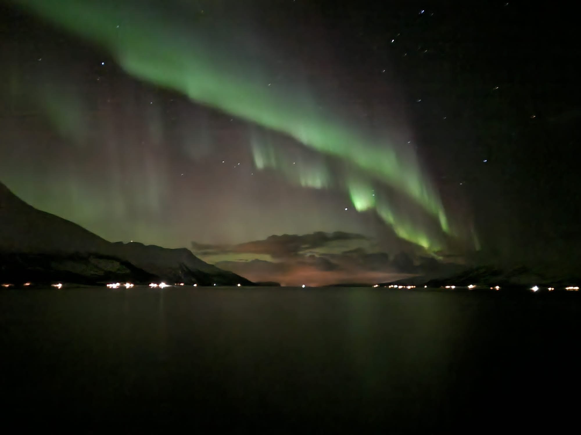 Green aurora sweeping over an Arctic Norway fjord, with shore lights reflected on calm water.