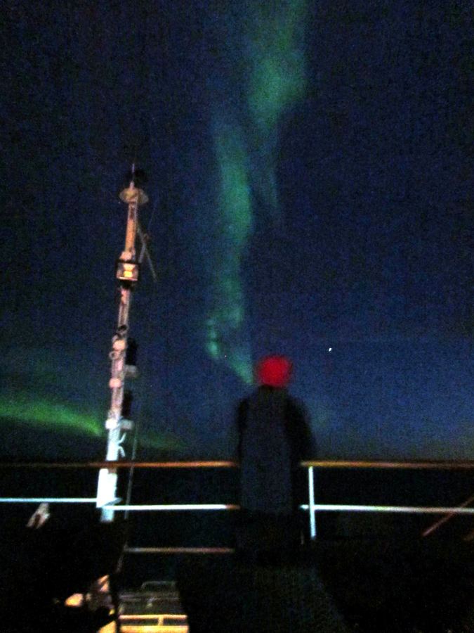 Person in silhouette on a ship deck watching green northern lights stream down the night sky.