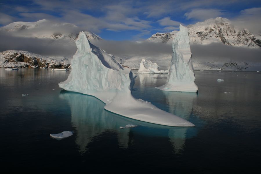 Cluster of white icebergs reflected on calm water with snow-dusted mountains behind.