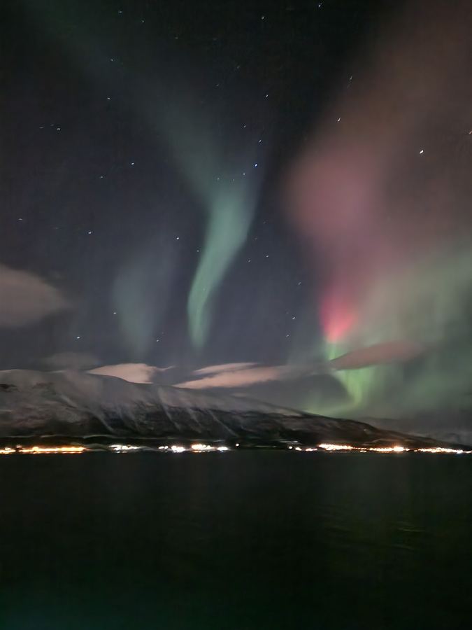 Green and pink-red aurora glow over a snowy coastline with distant lights along a dark fjord.