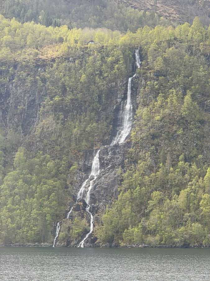 A tall waterfall cascading down a steep green cliff into a fjord valley.