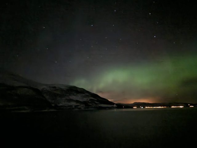 A green aurora arc curving over a dark Norwegian fjord, with scattered shore lights along the water.