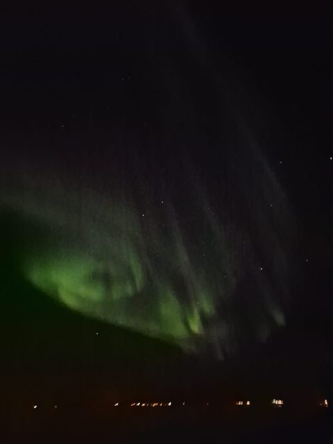 Soft green aurora rays hanging over a dim Arctic horizon.