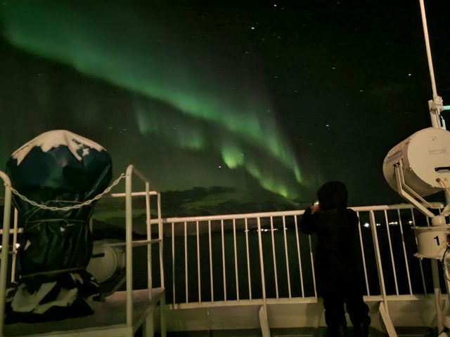 A traveller in silhouette photographs the green aurora from the deck of a coastal ship at night.
