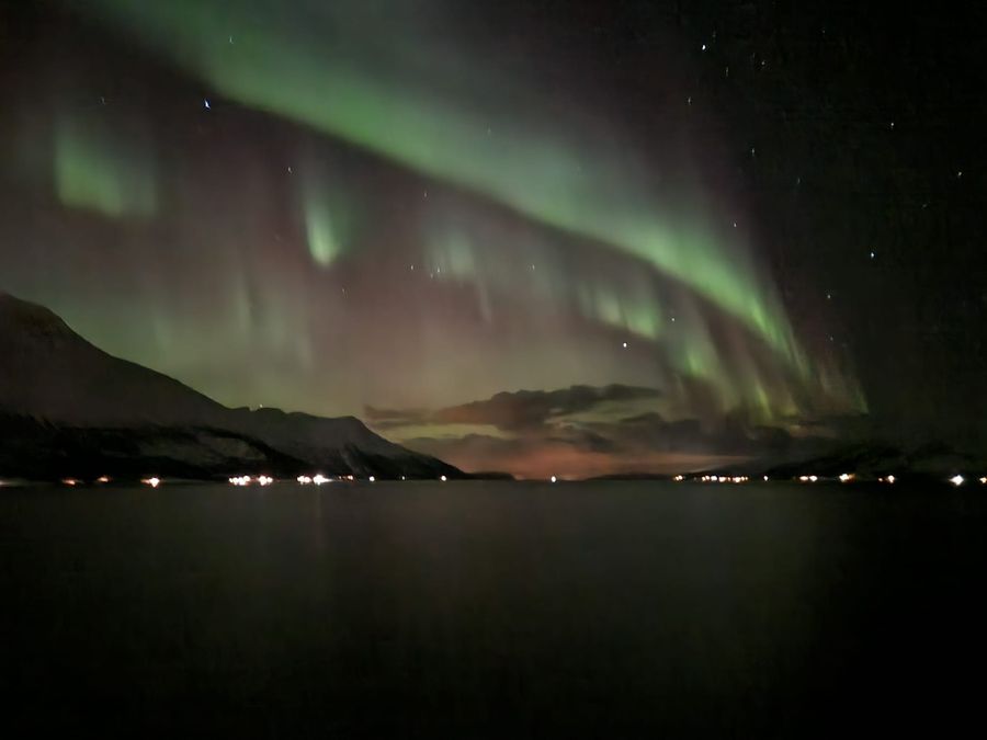 A green aurora arc stretching over a fjord lined with distant town lights.