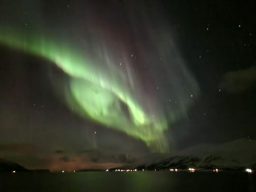 Bright green aurora swirling over the Norwegian coast at night.